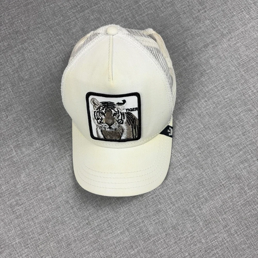 Goorin Bros Hat Cap Snap Back Mens White Tiger Patch Mesh Trucker Animal Farm